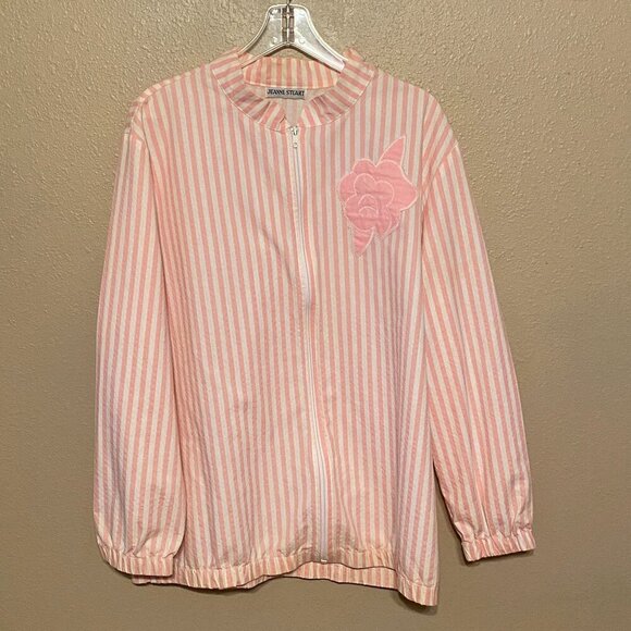 Jeanne Stuart Pink & White Striped Shirt Zipped front Rose Applique Approx (L) - Picture 1 of 5